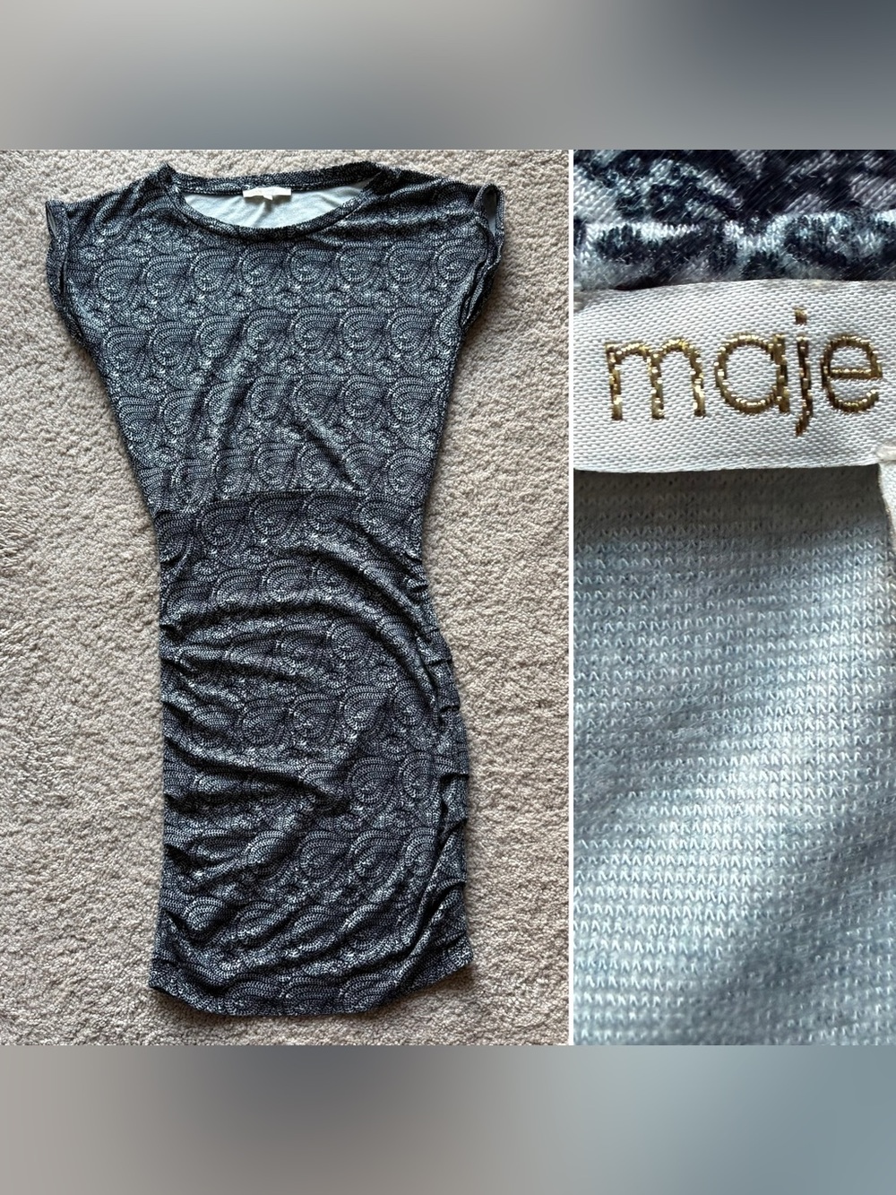Maje Paris Black White Ruched Bodycon Mini Dress Stretchy Size 1 Small